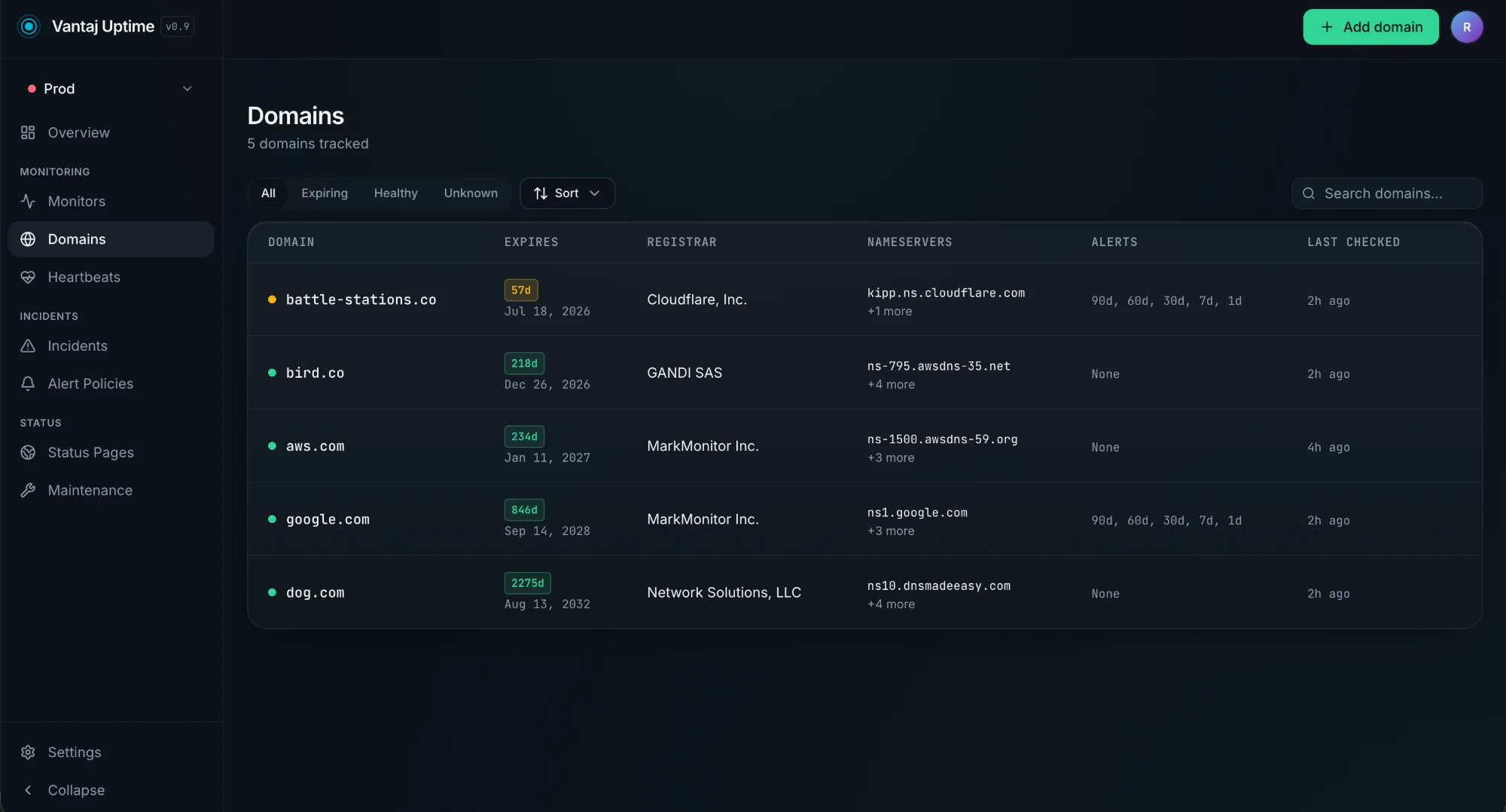 Domains list showing expiry badges, registrars, and nameservers