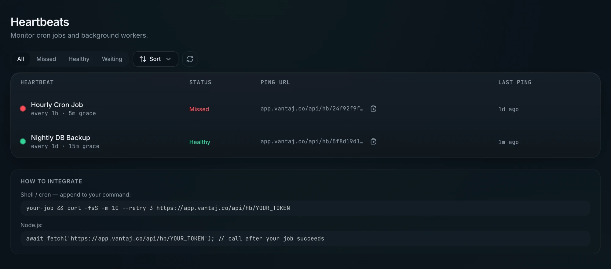 Heartbeats list showing job status, ping URLs, and integration examples