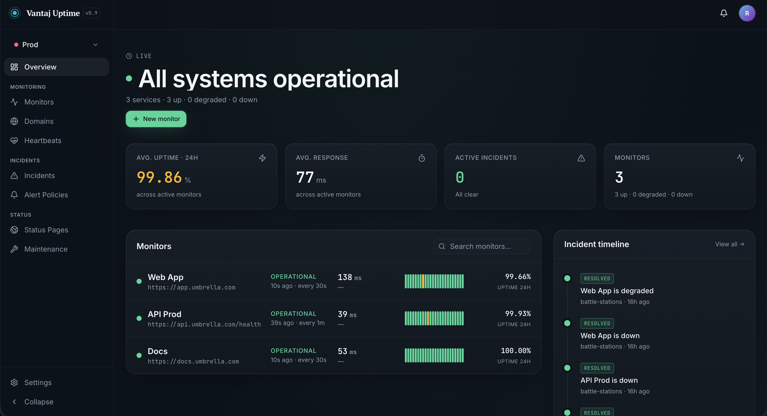Vantaj dashboard showing monitors, uptime stats, and incident timeline