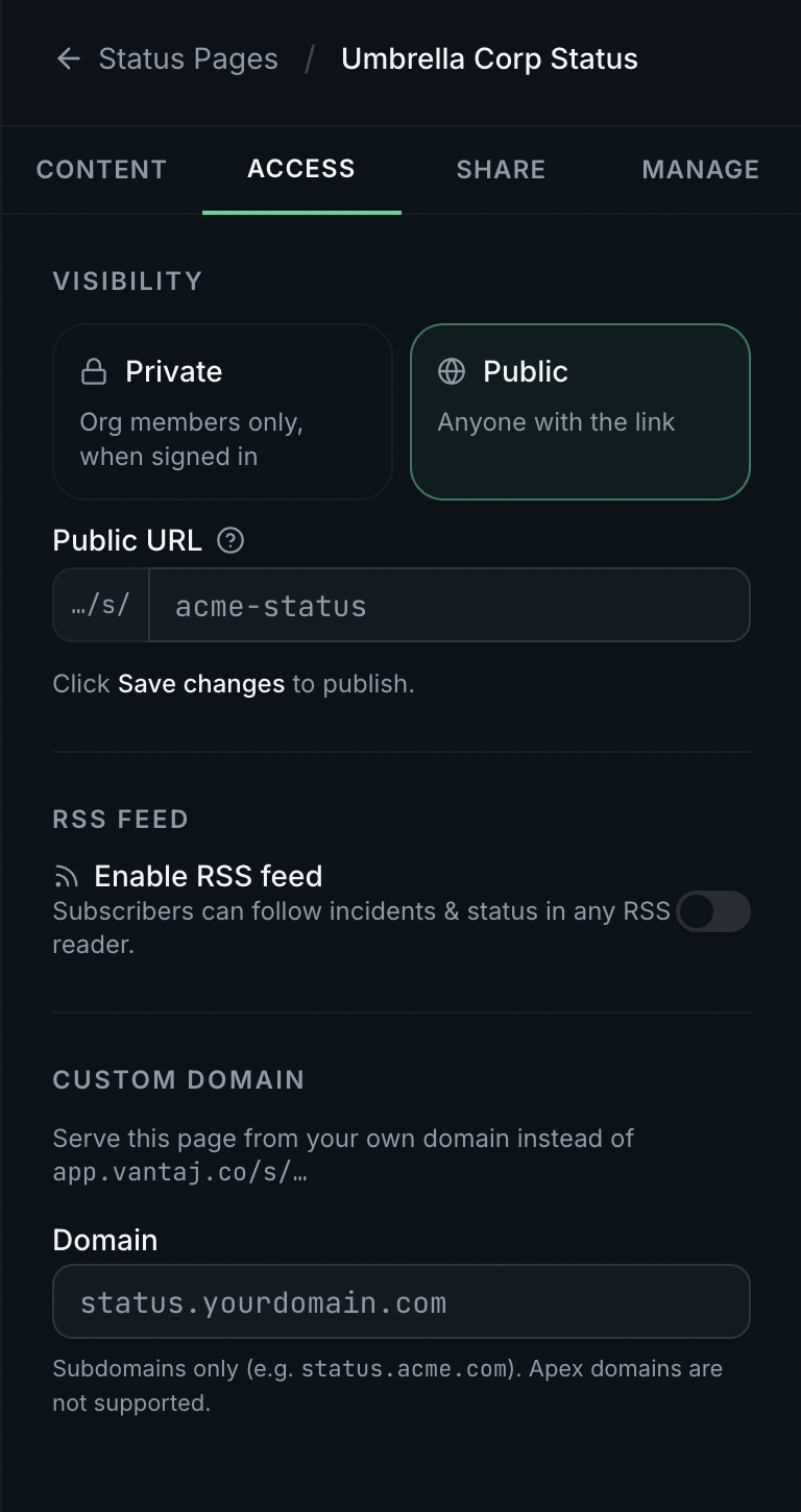 Access tab with Public visibility and slug configured