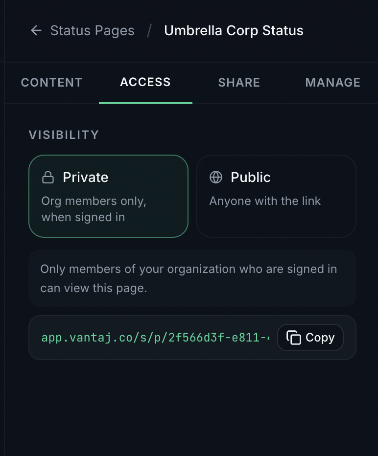 Access tab with Private visibility selected