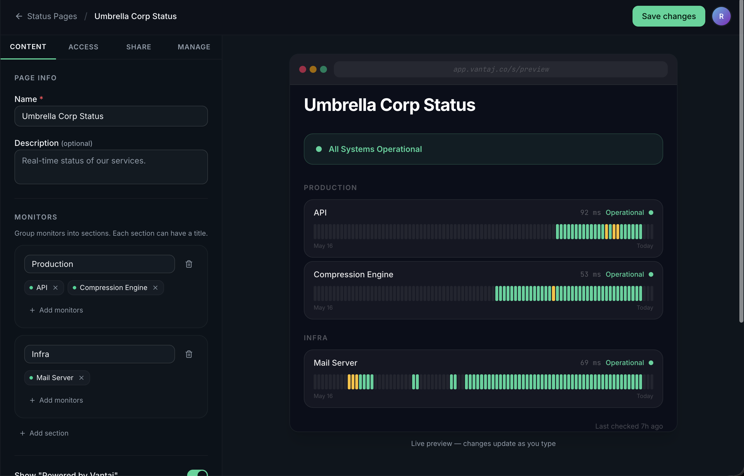 Status page editor showing sections and live preview