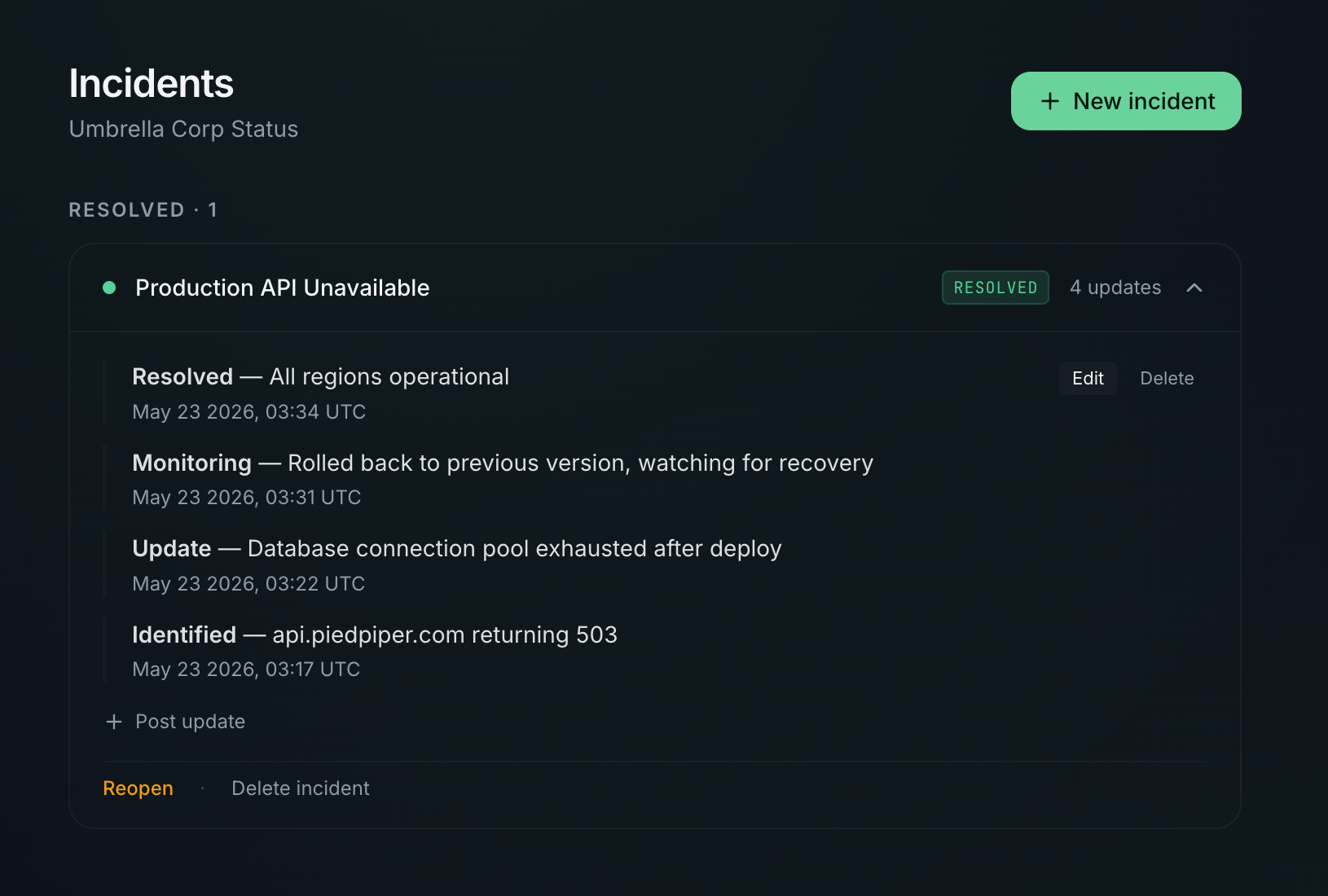 Incidents management page showing a resolved incident with timeline updates