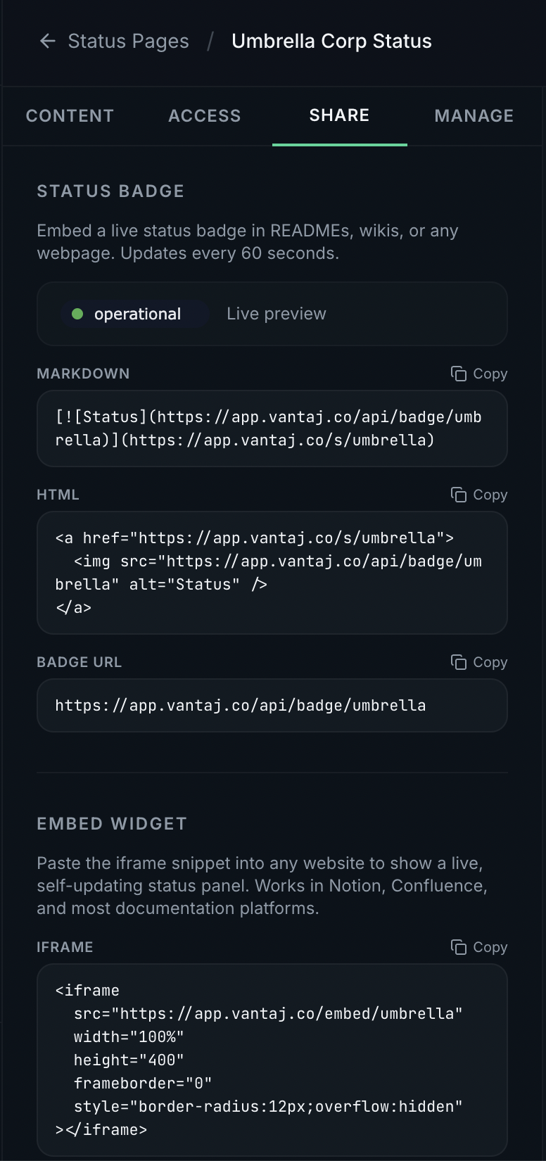 Share tab showing badge and embed options