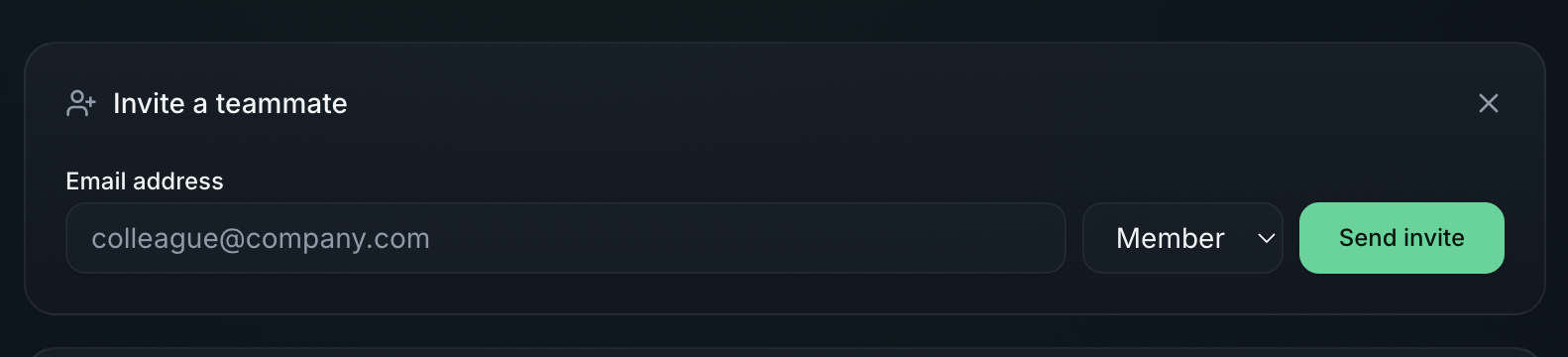 Invite a teammate form with email input and role selector